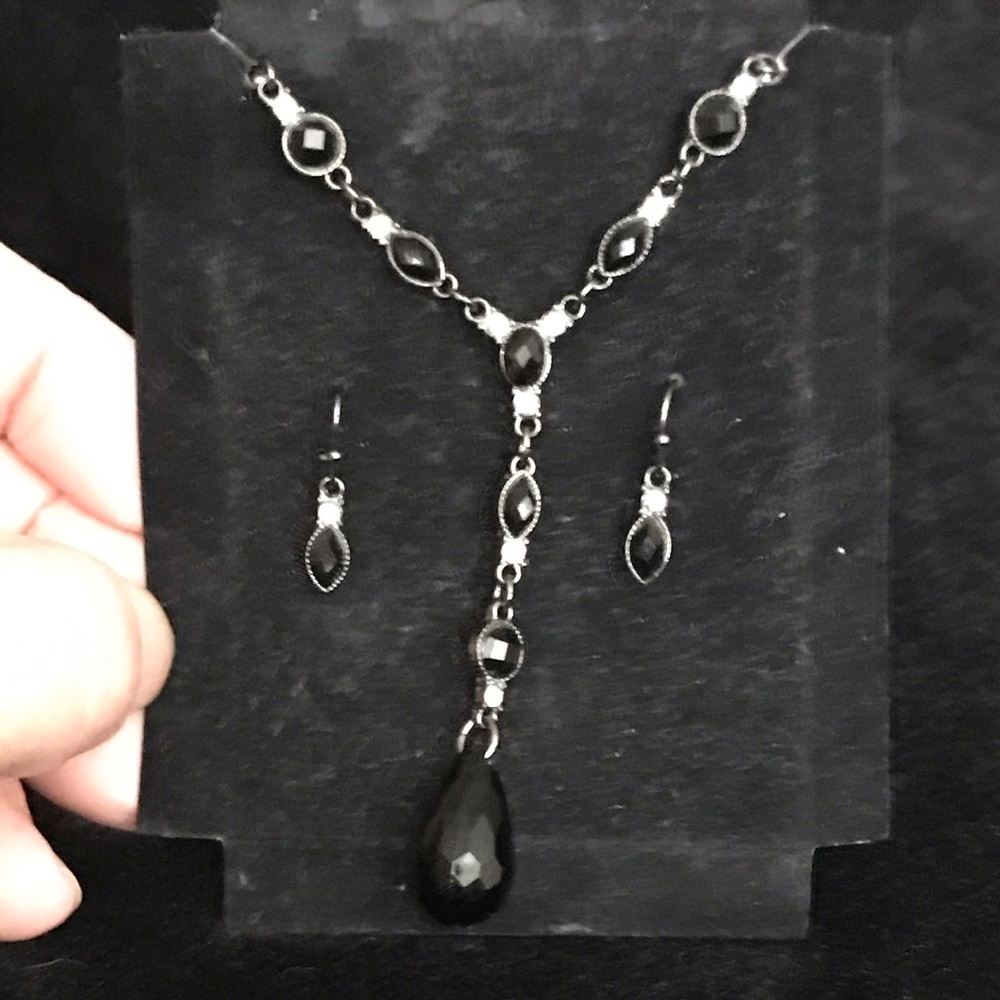 Jet and Rhinestone Y-Necklace/Earring Set